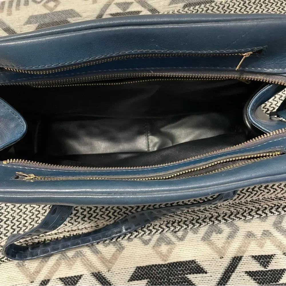 Vintage Ganson Navy Leather Short Handle Tote W/Stitching Detail Bag